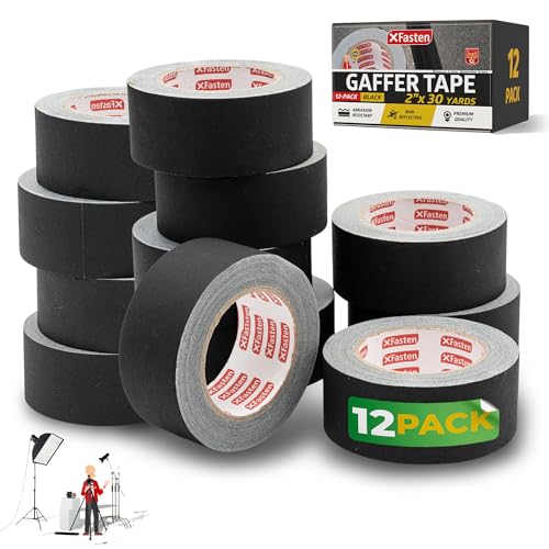 XFasten Black Gaffers Tape 2 Inch x 30 Yards (12-Pack, 1080ft), Residue-Free Matte Black Gaffer Tape 2 Inch Non-Reflective Easy-to-Tear Floor Tape for Electrical Cords - size: 2 Inch x 30 Yards (12-Pack, 1080ft)