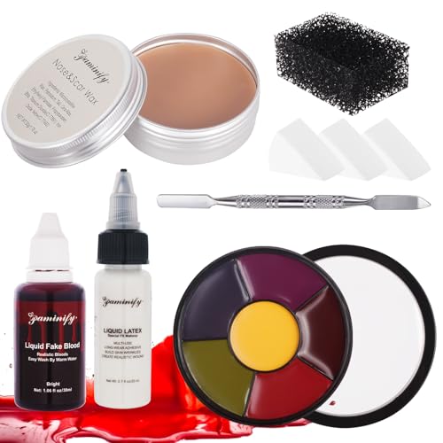 Halloween SFX Makeup Kit,6 Colors Bruise Wheel+30ml Dripping Washable Fake Blood+Liquid Latex+Scar Wax with Spatula+3 Pcs Sponge+Stipple Sponge,Face Fake Injury Special Effects Makeup Kit - color: bruise wheel makeup kit