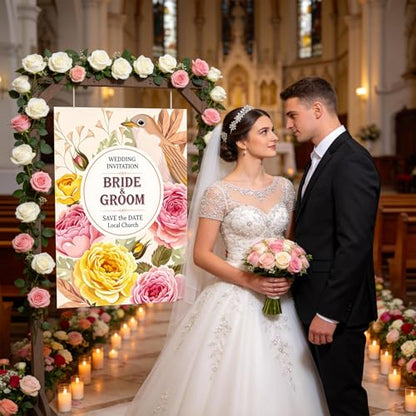 Wedding Welcome Sign Stand, Adjustable Wooden Sign Holder Stand, Heavy Duty Wood Easel with Poster Design Templates & Ground Stakes for Wedding, Bridal Baby Shower, Birthday Party