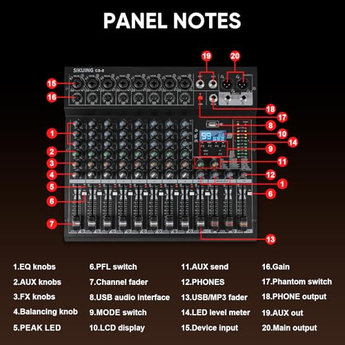 8 Channel Audio Mixer with Bluetooth, 99 DSP Effects - color: 8-Channel