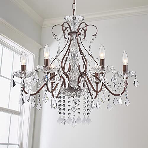 Saint Mossi 6 Light Crystal Chandelier Light Fixture Modern Chandelier Crystal Lighting, Crystal Pendant Raindrop Chandelier for Dining Room,Bedroom,Living Room,H23 x D24, 6-Light - color: Dark Brown