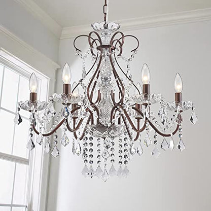 Saint Mossi 6 Light Crystal Chandelier Light Fixture Modern Chandelier Crystal Lighting, Crystal Pendant Raindrop Chandelier for Dining Room,Bedroom,Living Room,H23 x D24, 6-Light - color: Dark Brown