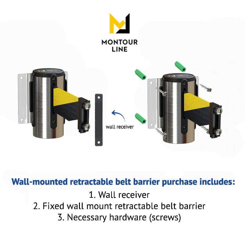 Montour Line WM115 Wall Mounted Retractable Belt Barrier with Magnetic Belt End, Fixed Mount, Polished Stainless Steel Casing (8.5 ft Purple Belt) - color: Purple, size: 8.5 ft