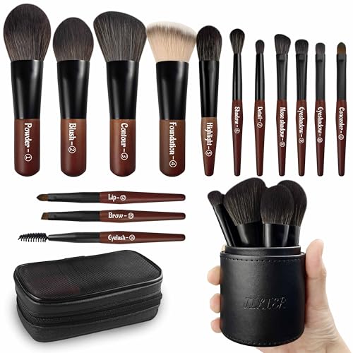 Jilier Travel Makeup Brush Set, 14 pcs Mini Makeup Brushes for Foundation, Powder, Eyeshadow, Highlight, Contour, Blush & Concealer, Small Makeup Brush Set Purse Size with Case - color: Brown