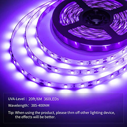 20ft LED Black Light Strip Kit, 12V Blacklight LED Strips, Touchable | 360 Units Led, Flexible Blacklights for Halloween, Bedroom, Glow Party, Fluorescent Decor, Indoor, Non-Waterproof - size: 20 ft