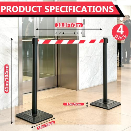 4 Pack Crowd Control Stanchions with 10FT Retractable Belt, 41" Black Queue Barriers with Heavy Rubber Base, Stable Stanchion Posts for Hotel, Airport, Bank, Store, Event(Red White Striped) - color: RED WHITE STRIPED BELT