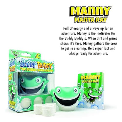 Suddy Buddy® Bubble Maker for Bathtub | Fun Kid Bubble Bath Toys | Safe Bath Bubbler for Boys & Girls Ages 3+ | Includes 1 Foam Dispenser, 1 Trading Card & 3 Super-Bubble Drops | Manny Manta Ray - style: Manta Ray