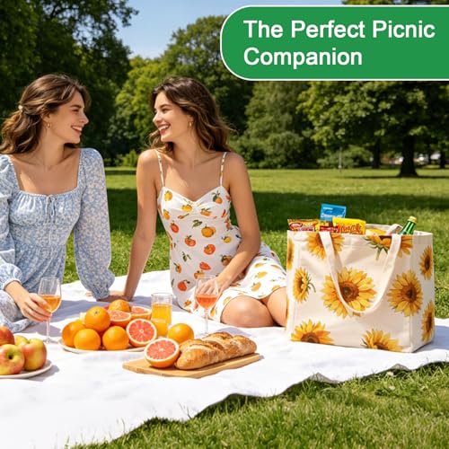 Aesthetic Canvas Reusable Grocery Bags Heavy Duty, 8.3 gal Foldable Large Tote Bag with Handles, Holds 60 lbs & Washable Eco-friendly Bags with 5 Pockets, Beige with a print 1 Bags - color: [A4] Sunflower, size: 1 Pack