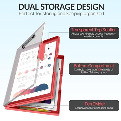 Sooez Nursing Clipboard with Storage, Clear Top Clip Boards 8.5x11, Red | Heavy Duty Plastic, Dry Erase, High Capacity, Nurse Essentials, Dental Assistant, Teacher & College School Office Supplies - color: Red