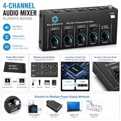 4 Channel Mini Audio Mixer, Stereo Line Mixer with Mono/Stereo Switch, Ultra-Low Noise Sub-Mixer, 1/4" & 1/8" TS/TRS I/O, 5V Adapter, for Keyboard, Guitar, Bass, Electronic Drums