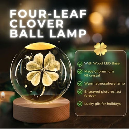 Flexzion 3D Clover Crystal Ball Night Light - LED Light Hologram Glass Lamp with Solid Wood Base, USB Powered Crystal Ball Lamp with Adjustable Brightness for Home Decor Display Gift, 2.4inch(60mm) | Clover Lamp with Solid Beech Wood Base and Adjustable B