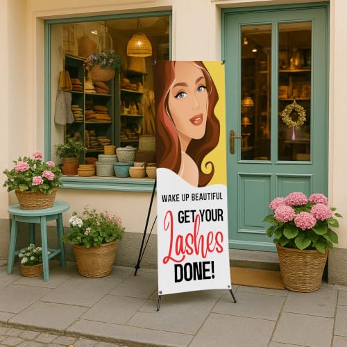 DreamController Lashes & Brows X-Stand Banner by DC | 30"x65" Tripod Display | Wake Up Beautiful Get Your Lashes Done Vertical Banner for Trade Shows & Events | Made in USA | (Stand Not Included) - color: Wake Up Beautiful Get Your Lashes Done, size: X Ba