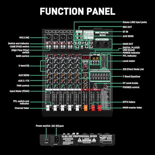 Audio Mixer 6 Channel Professional Sound Console Music Mixer with 320 DSP Effects, 7-band EQ DJ Mixing Board w/USB, Bluetooth, 48V Power Supply, PAD Button for Recording Karaoke PA Drum Live - size: 6 Channel - 10.8in