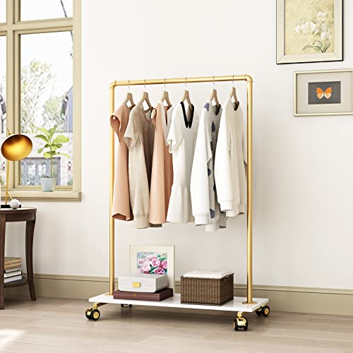 Gold Metal Clothing Rack with Wood Shelf, Heavy Duty Rolling Garment Rack with Wheels for Bedroom Retail Boutique Use (37.4L inches) - style: single-small