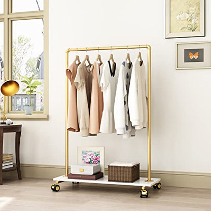 Gold Metal Clothing Rack with Wood Shelf, Heavy Duty Rolling Garment Rack with Wheels for Bedroom Retail Boutique Use (37.4L inches) - style: single-small