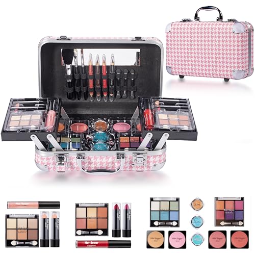 Hot Sugar All-in-One Makeup Kit for Adults and Girls, Pink Houndstooth | Cosmetics Set with eyeshadow, blush, lip gloss, lipstick, lip & eye pencils, brush and mirror for beginner full-face looks. - color: P HOUNDSTOOTH