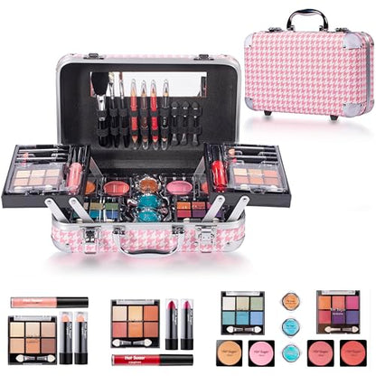 Hot Sugar All-in-One Makeup Kit for Adults and Girls, Pink Houndstooth | Cosmetics Set with eyeshadow, blush, lip gloss, lipstick, lip & eye pencils, brush and mirror for beginner full-face looks. - color: P HOUNDSTOOTH