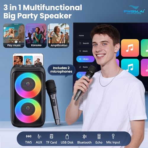 Bluetooth Speaker with 2 Wireless Microphones - Big Party Speaker for Adults Kids Karaoke with Lights - Portable Rechargeable Floorstanding Speakers Support TWS/AUX/USB/TF Card for Home Party Gift - size: 2 Mics