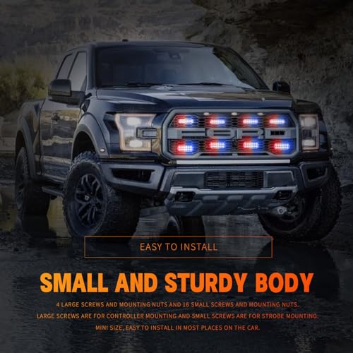 8-pcs Sync Feature LED Emergency Strobe Lights Ultra Slim Grille Surface Mount Flashing Warning Hazard Light Bar w/Controller for Snowplow, Construction Trucks, Vehicles, Car (R/B) - color: R/B, size: 8×4.5in