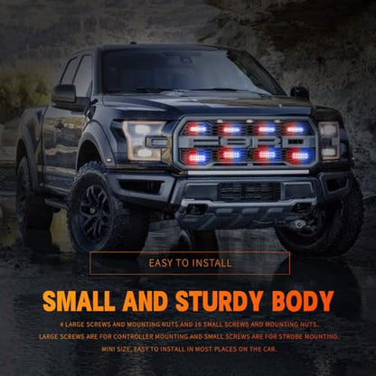8-pcs Sync Feature LED Emergency Strobe Lights Ultra Slim Grille Surface Mount Flashing Warning Hazard Light Bar w/Controller for Snowplow, Construction Trucks, Vehicles, Car (R/B) - color: R/B, size: 8×4.5in