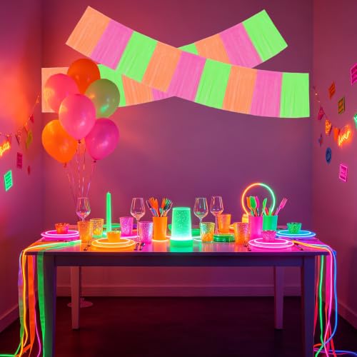 BEISHIDA Fluorescent Fringe Garland Banner 30ft Wall Tinsel Foil Streamers - color: Fluorescent Yellow Purple Orange