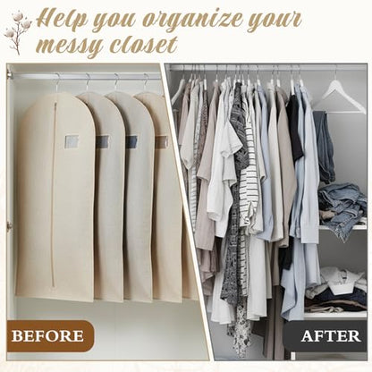 5 Pack Garment Bags for Hanging Clothes, 24 x 40 Inch Plastic | Breathable Canvas Suit Bags Linen Hanging Suit Cover for Closet Storage Short Dresses Suits
