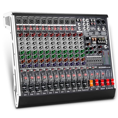 12 Channel Audio Mixer Professional Sound Mixing Board with 99 DSP Effects, 7-band EQ Digital DJ Mixer Console w/USB Bluetooth MP3 for Recording, Independent 48V Power & Mute Button - size: 12 Channel - 17.9inch