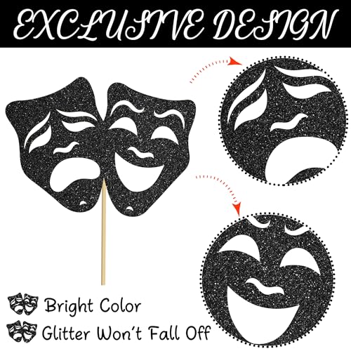 umoni Comedy Tragedy Mask Centerpiece Sticks Glitter Black Theatrical Mask Table Decorations 12PCS Theatrical Masks Party Table Toppers Film Birthday Decor for Movie Night Drama Party Supplies