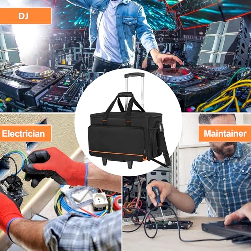 Trunab Rolling DJ Cable File Bag, Travel Gig Bag with Hard Padded Bottom | with Detachable Dividers and Dolly, for Professional DJ Gear, Musical Instrument and Accessories