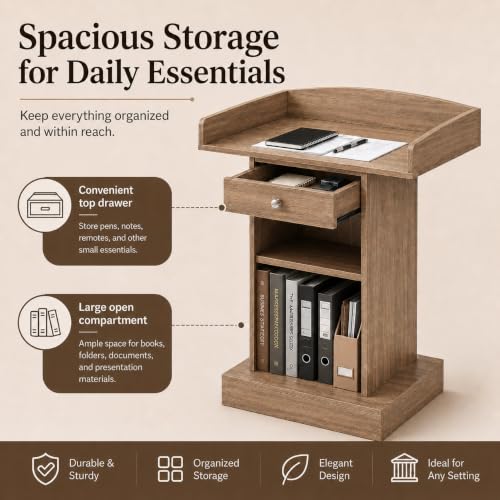 Teacher Podium Stand Lectern Wooden Drawer Lectern Podium 42in Height Wooden Storage Drawer Brown for Classroom Office Reception School Seminar Floor Standing(Brown)