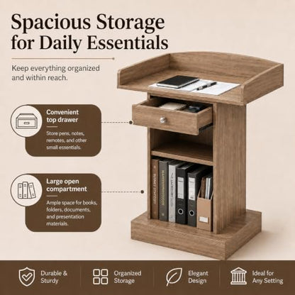 Teacher Podium Stand Lectern Wooden Drawer Lectern Podium 42in Height Wooden Storage Drawer Brown for Classroom Office Reception School Seminar Floor Standing(Brown)