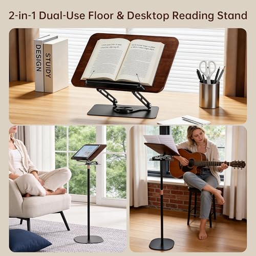 2-in-1 Floor & Desktop Book Stand, Adjustable Reading Music Podium | Portable Dual-Use 19"-62.2" Music Sheet Display, Laptop, Cookbook, Projector Stand Holder, 360° Rotate, Page Clip, Wood