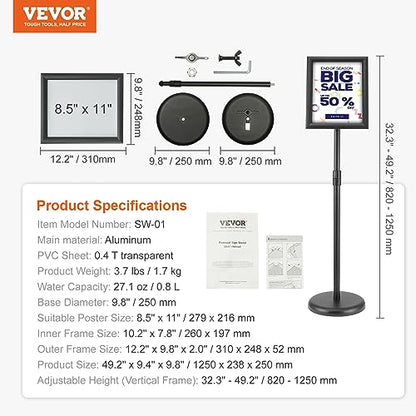 VEVOR Pedestal Sign Holder, 8.5 x 11 Inch Vertical and Horizontal Adjustable Poster Stand, Heavy-Duty Floor Standing Sign Holder with Round Base for Display, Advertisement, and Outdoor, Black | Vertical and Horizontal Heavy-Duty Floor Standing Sign Holder