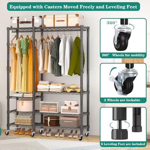 5 Tiers Wheel Portable Heavy Duty Garment Rack | Wire Adjustable Rolling Clothing Rack with Lockable Wheels & 2 Hanger Rods, Max Load 850LBS, Black - color: Black, size: A3W: 5 Tiers with 1 Rods,44.9"L x 16.5"W x 78.7"H