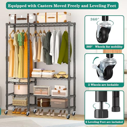 5 Tiers Wheel Portable Heavy Duty Garment Rack | Wire Adjustable Rolling Clothing Rack with Lockable Wheels & 2 Hanger Rods, Max Load 850LBS, Black - color: Black, size: A3W: 5 Tiers with 1 Rods,44.9"L x 16.5"W x 78.7"H