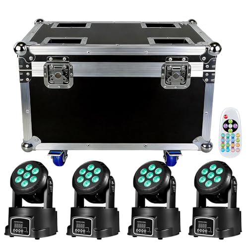 AGVYBE Moving Head DJ Lights, 7x12W RGBW LED Wash Stage Light, 6000LM Wash & Spotlight, Sound Activated & DMX512 + Remote Control for Disco, Party, Wedding, Club, Concert (Flight case + 4 Lights) - color: Multicolor