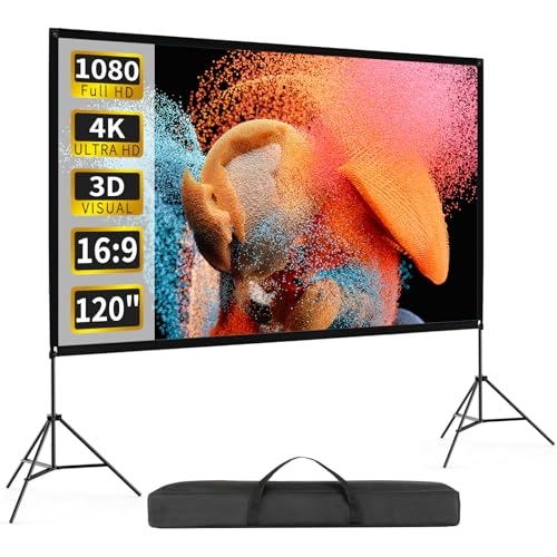 120inch Projector Screen with Stand, Portable Movie Screen Indoor Outdoor | 16:9 4K HD Anti-Wrinkle Foldable Screen, 160° View, Front & Rear Projection, Carry Bag Fixed Water Bag, Backyard Movie Night