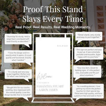 White Wedding Welcome Sign Stand with Holder - Elegant Metal Easel Display for Seating Chart, Reception Signs, Welcome Board - 30+ Customizable designs for Baby, Bridal Shower - Versatile Party Sign Holder - color: White