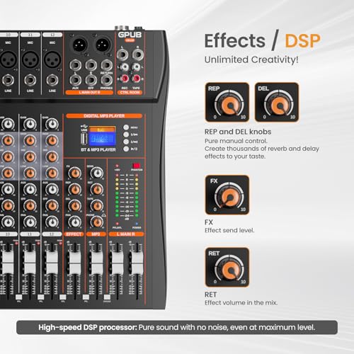 Audio Mixer Sound Board, Bluetooth Music Mixing Board (12 Channels) | 24 Bit Dsp Effects, Bluetooth 5.0 & USB Input, +48V Phantom Power, 3 Band EQ, PFL Monitor, Streaming, Podcast, Studio, Church - size: GP120