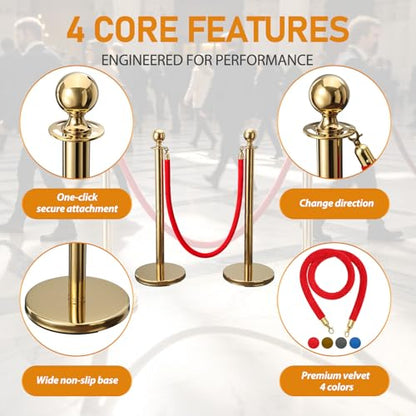 BeBecome Stanchions and Velvet Ropes, Gold Stanchions with 5 ft Red Velvet Rope, 2 Pack Crowd Control Barriers, Fillable Bases, Red Carpet Poles for Weddings
