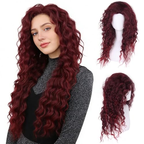 28 inch Long Burgundy Curly Wigs for Women Body Wave Ombre Red Hair Cosplay - color: Burgundy Red