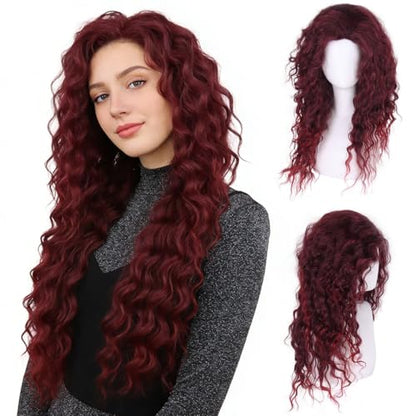 28 inch Long Burgundy Curly Wigs for Women Body Wave Ombre Red Hair Cosplay - color: Burgundy Red