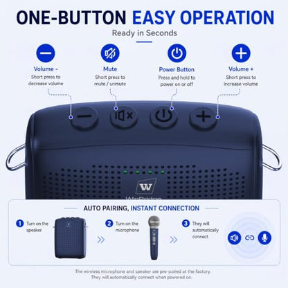 WinBridge Voice Amplifier with Wireless Mic for Teachers Blue WB009 | 15W Powerful Pa System,Bluetooth with 50ft Range, 12–15hr Battery, Dual Voice+Music Mode, Portable Lightweigh,Mute Control - color: Blue