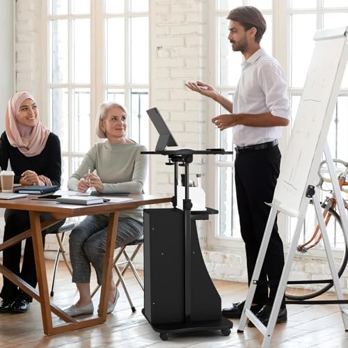 LDAILY Mobile Podium Stand, Height-Adjustable Portable Rolling Laptop Stand with Storage Cabine & Tilting Desktop, Sit to Stand Desk Laptop Cart with Lockable Casters for Office (Black) - color: Black