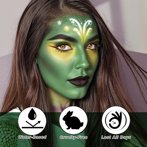 St Patricks Day Black White Green Face Body Paint 1.01 oz/pc with 3 Sponges,Dark Green St Patrick's Day Costume Painting Kit, Elphaba Halloween SFX Witch Makeup Cream Face Paint,3 oz - color: black+white+green