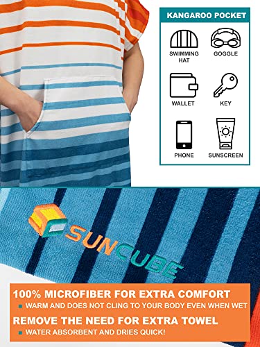 SUN CUBE Surf Poncho Changing Robe with Hood, Wetsuit Changing Hooded Towel | Thick Quick Dry Microfiber, Wetsuit Changing Towel, Surfing Beach Swim Outdoor Sports Cover Up, Adult Wearable Poncho - color: Orange Stripe