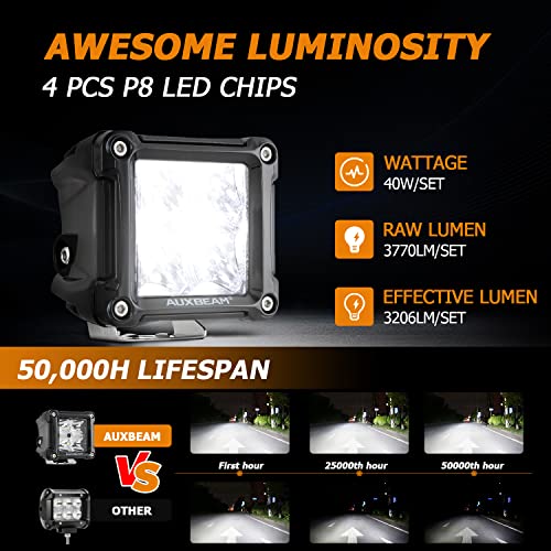 Auxbeam FA Series 3-Inch Cube Offroad Lights 40W LED Pod Lights 2-Pack | Spot Beam, Black Frame, DT Wiring Harness, Plug and Play, for 4x4 Pickup Truck Car Motorcycle Boat, Auxiliary Ditch Lights - color: Spot Beam, Black