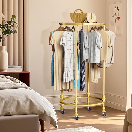 Rolling Round Garment Rack, Gold Clothing Rack with Wheels and Topper | Freestanding Double Space Retail Clothing Rack, Heavy Duty Commercial Boutique Display Rack for Retail Bedroom (Gold) - color: Gold