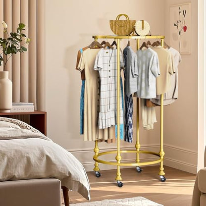 Rolling Round Garment Rack, Gold Clothing Rack with Wheels and Topper | Freestanding Double Space Retail Clothing Rack, Heavy Duty Commercial Boutique Display Rack for Retail Bedroom (Gold) - color: Gold