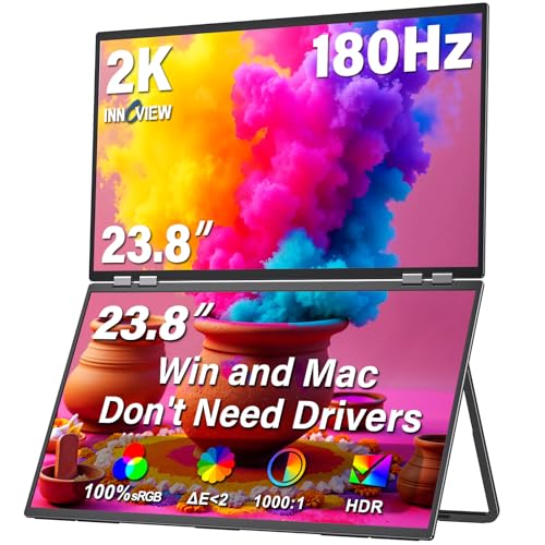 InnoView 23.8" Dual Portable Monitor 180Hz 2560 x 1440P 2K 100% sRGB - Foldable & Stackable Design with 315° Screen Adjustment & 180° Stand | USB-C/HDMI, Dual Monitor for Laptop, Mac, Windows - size: 23.8 inch QHD 180Hz